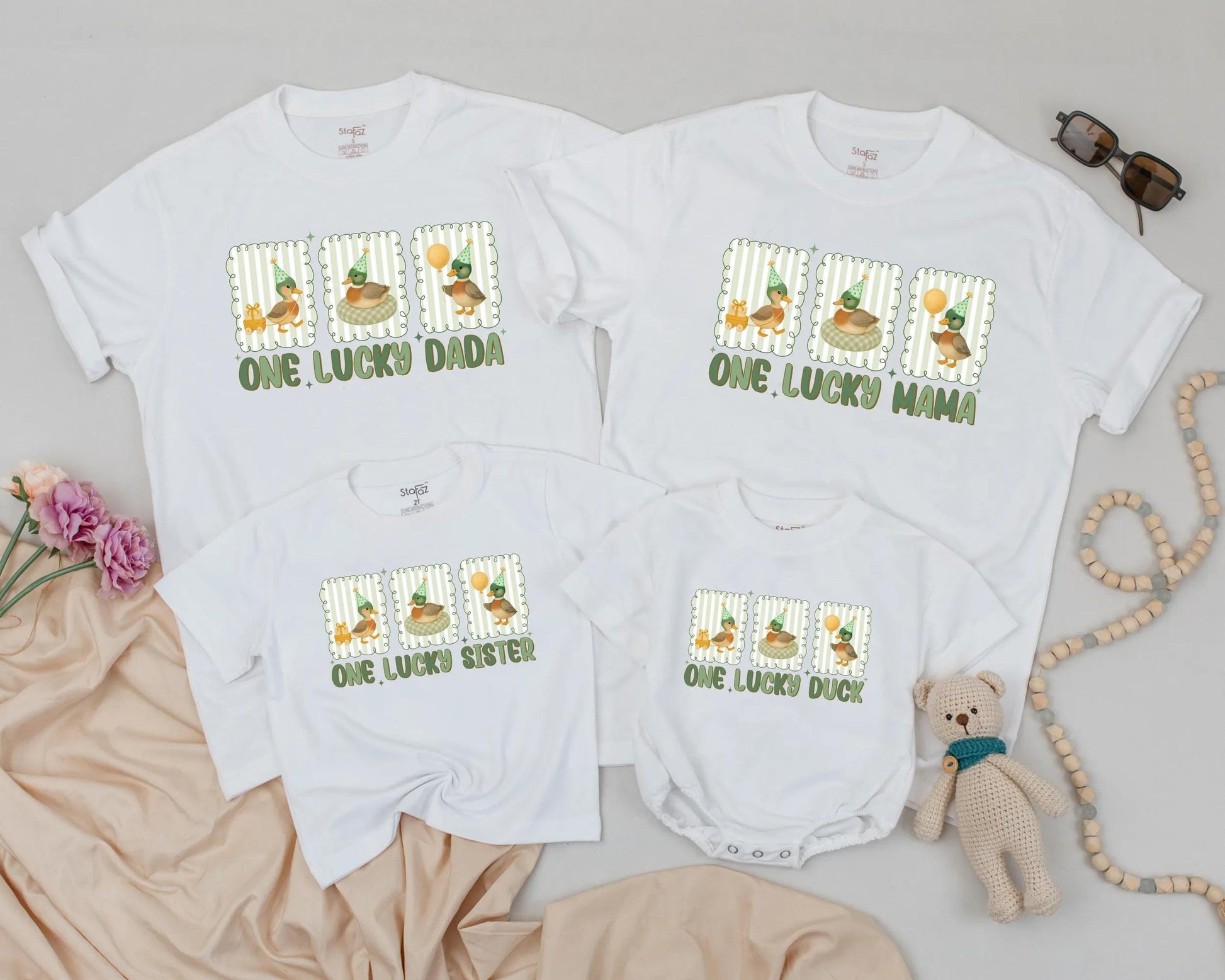 One Lucky Duck Matching Family 1st Birthday Shirts with Whimsical Cartoon Ducks & Birthday Hats Baby Toddler Party Celebration Outfit