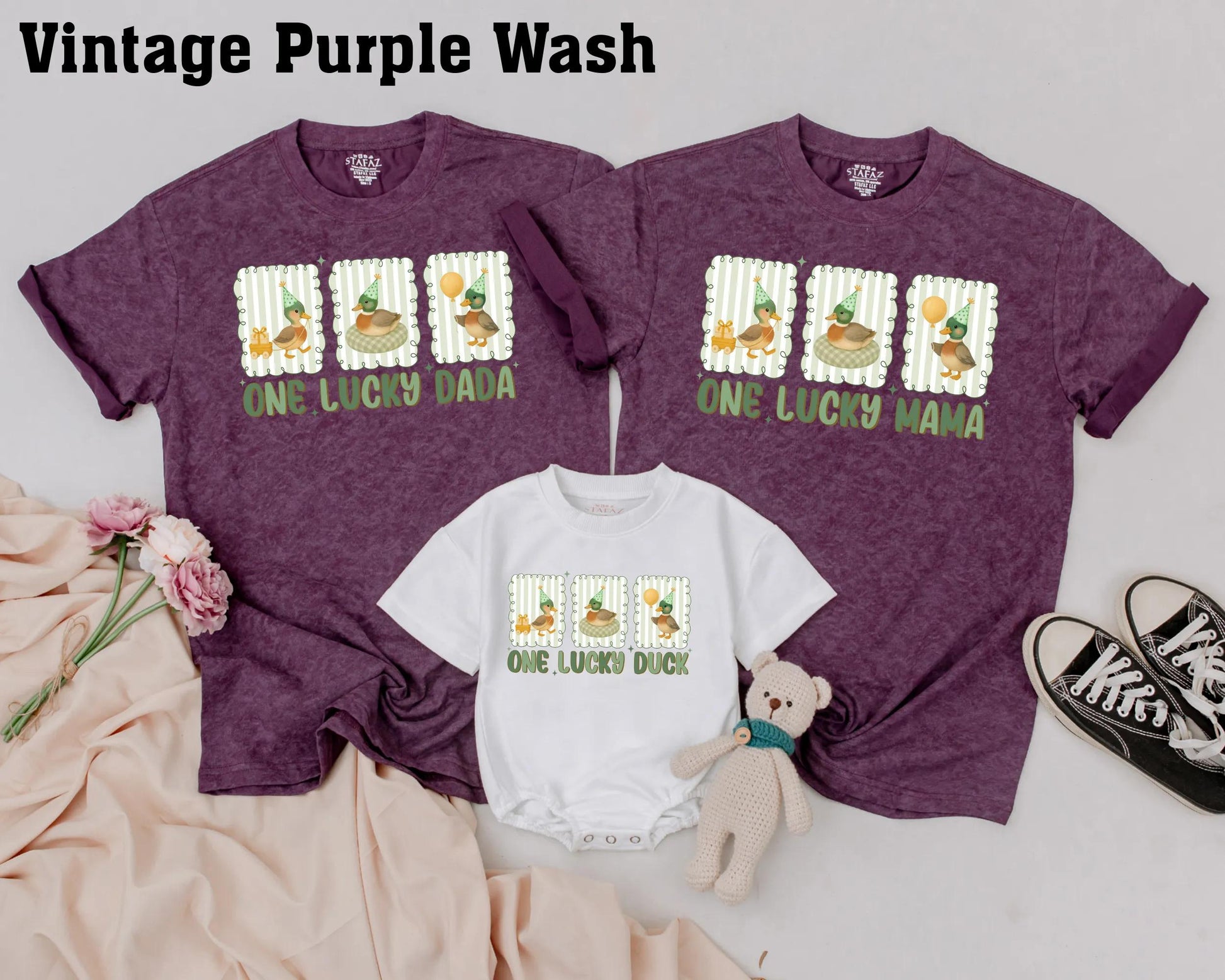 One Lucky Duck Matching Family 1st Birthday Shirts with Whimsical Cartoon Ducks & Birthday Hats Baby Toddler Party Celebration Outfit