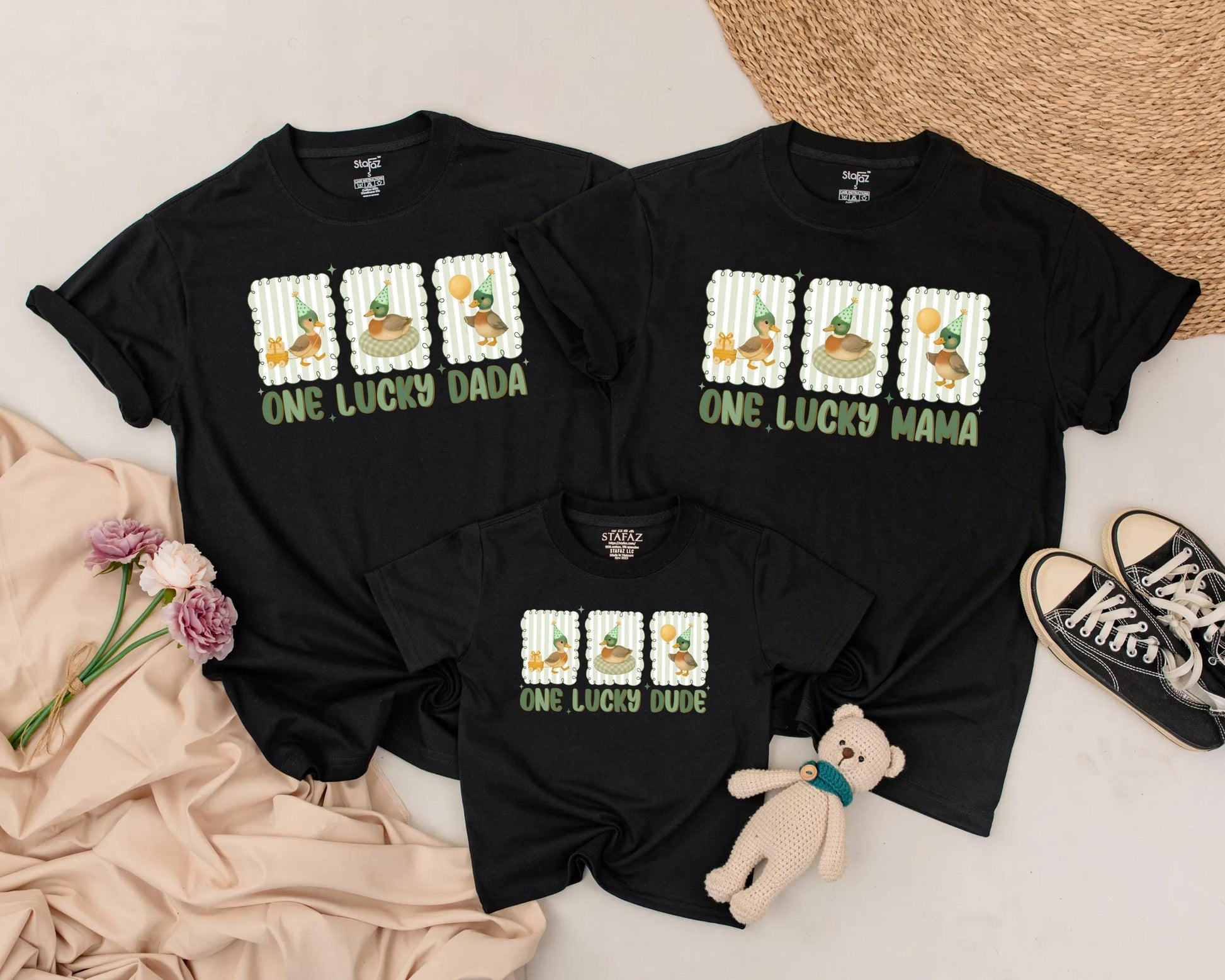 One Lucky Duck Matching Family 1st Birthday Shirts with Whimsical Cartoon Ducks & Birthday Hats Baby Toddler Party Celebration Outfit