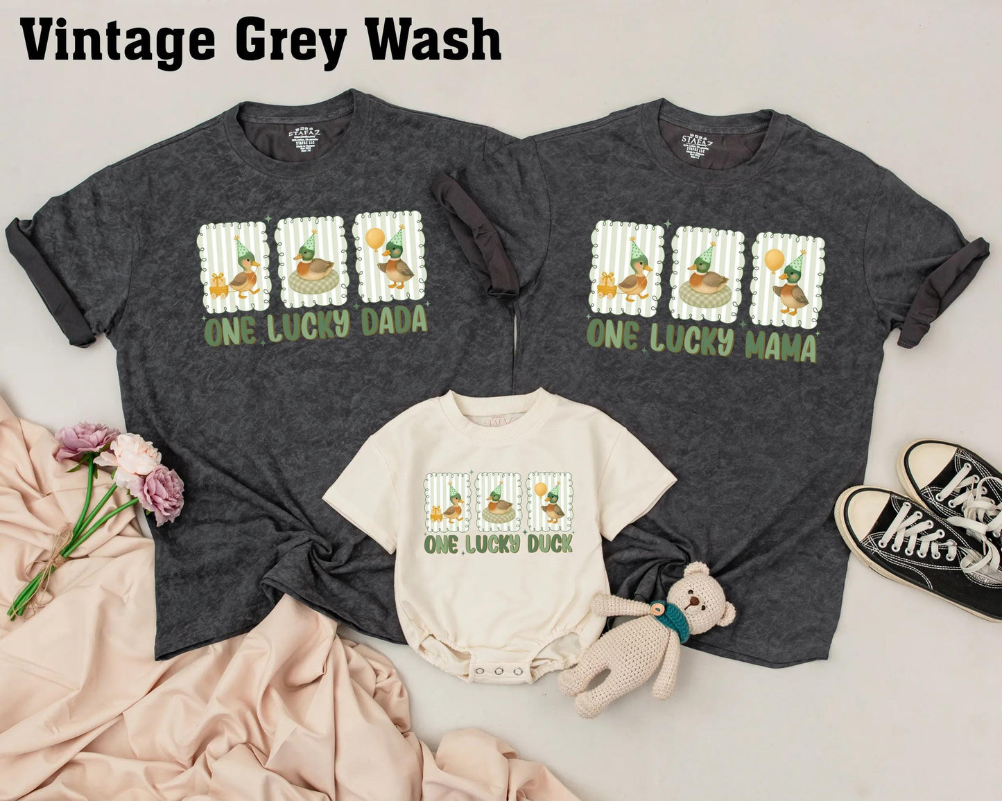 One Lucky Duck Matching Family 1st Birthday Shirts with Whimsical Cartoon Ducks & Birthday Hats Baby Toddler Party Celebration Outfit