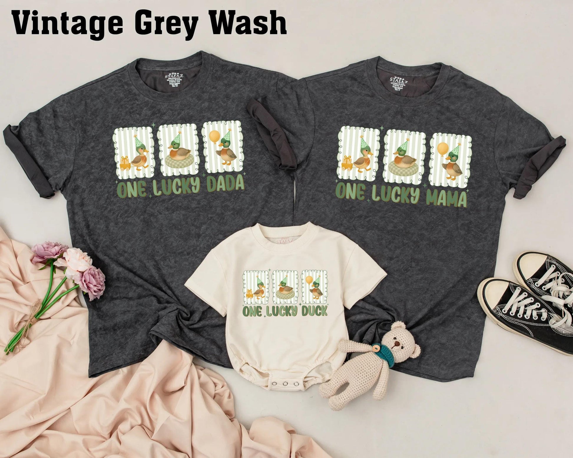 One Lucky Duck Matching Family 1st Birthday Shirts with Whimsical Cartoon Ducks & Birthday Hats Baby Toddler Party Celebration Outfit