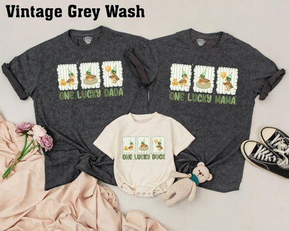 One Lucky Duck Matching Family 1st Birthday Shirts with Whimsical Cartoon Ducks & Birthday Hats Baby Toddler Party Celebration Outfit
