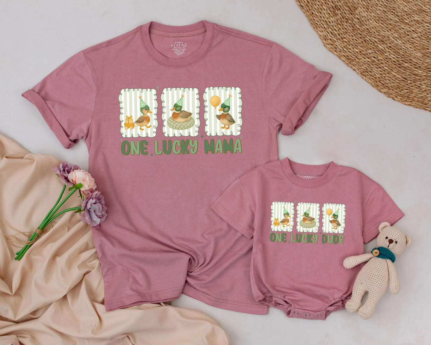 One Lucky Duck Matching Family 1st Birthday Shirts with Whimsical Cartoon Ducks & Birthday Hats Baby Toddler Party Celebration Outfit
