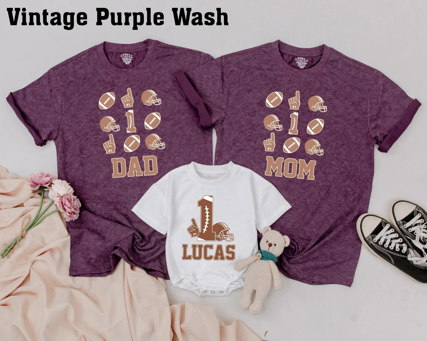 Matching Custom Football Family Birthday Shirts for Toddler Boy 1st Birthday Helmets Names Big 1 Hand Design