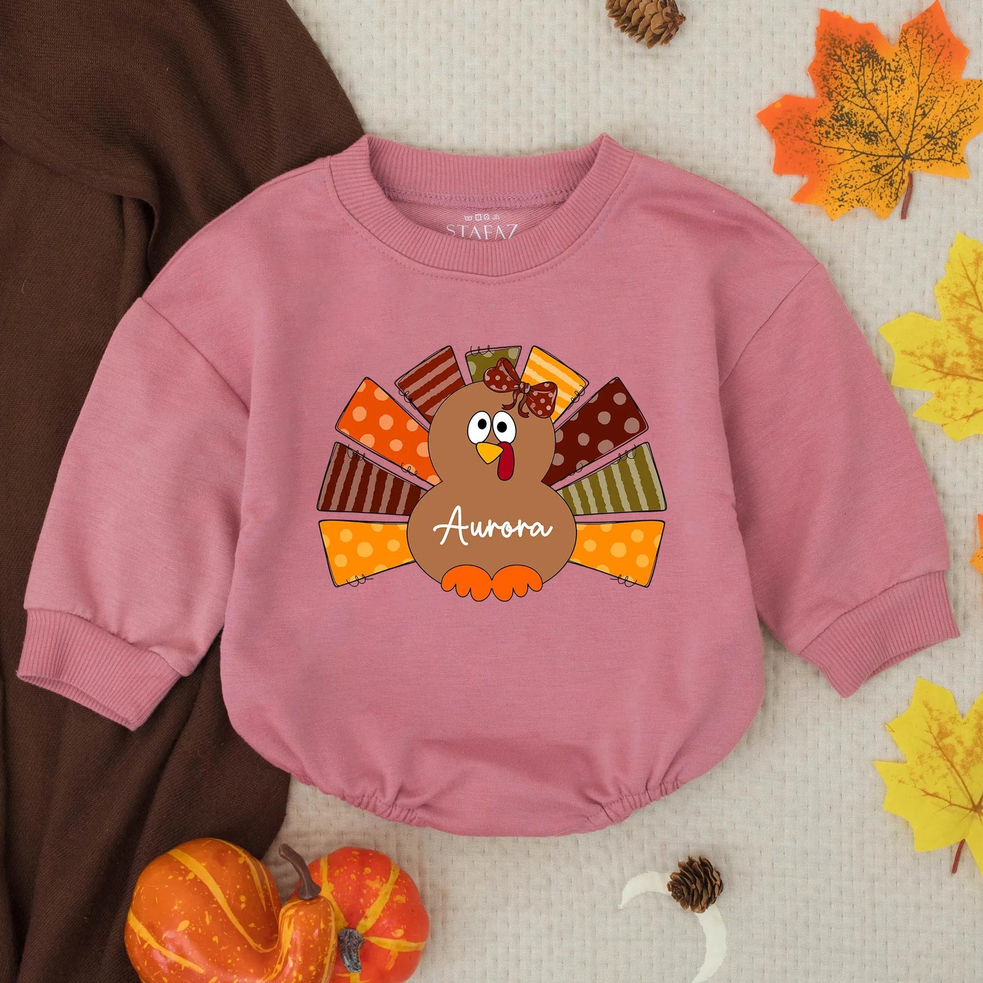 Custom Autumn Turkey Baby Girl Romper with Polka Dot Bow and "Aurora" Name, First Thanksgiving Outfit, Playful Fall Clothes for Toddlers