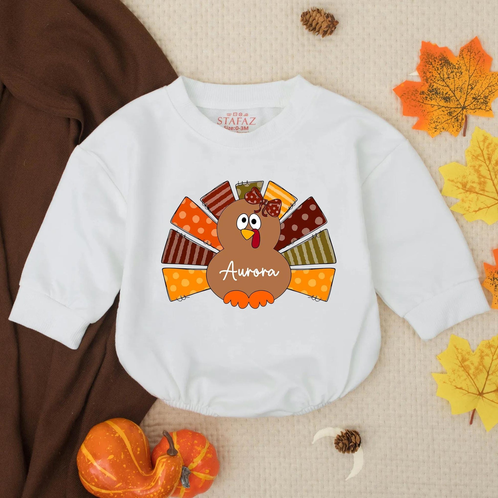 Custom Autumn Turkey Baby Girl Romper with Polka Dot Bow and "Aurora" Name, First Thanksgiving Outfit, Playful Fall Clothes for Toddlers