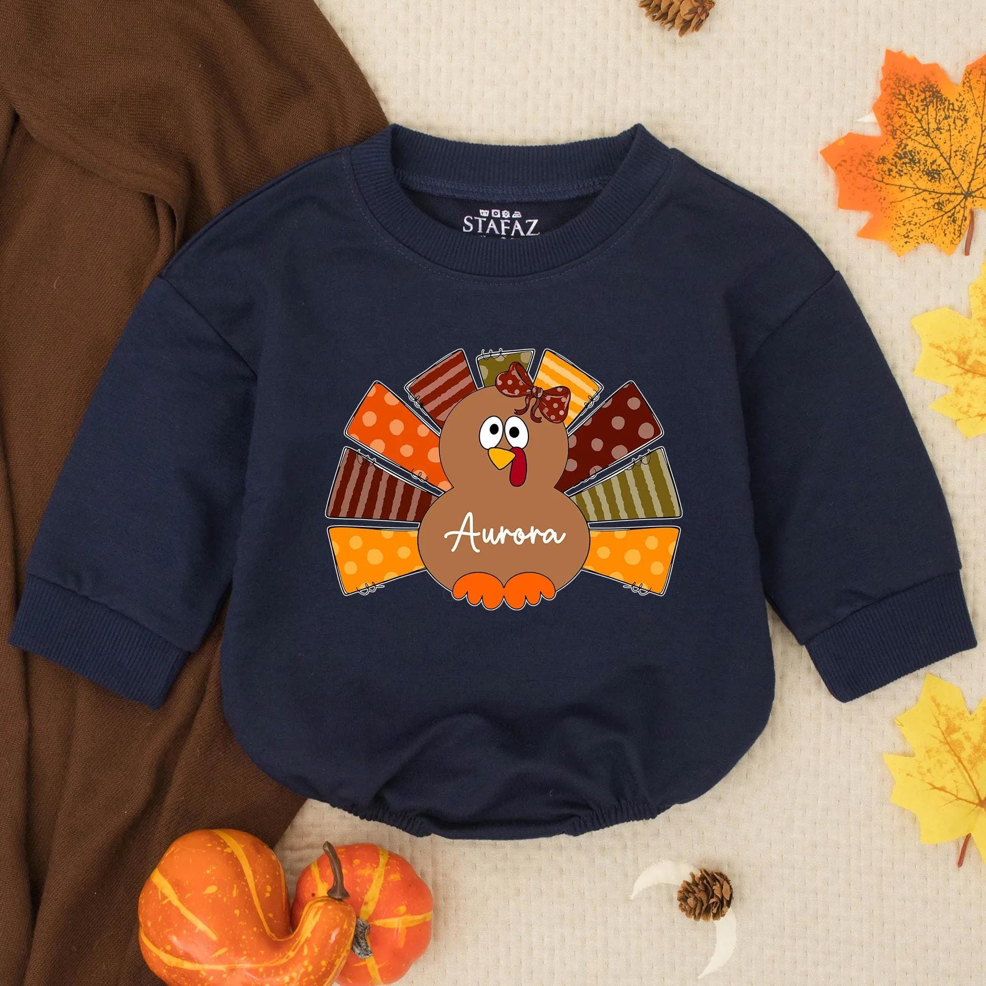 Custom Autumn Turkey Baby Girl Romper with Polka Dot Bow and "Aurora" Name, First Thanksgiving Outfit, Playful Fall Clothes for Toddlers