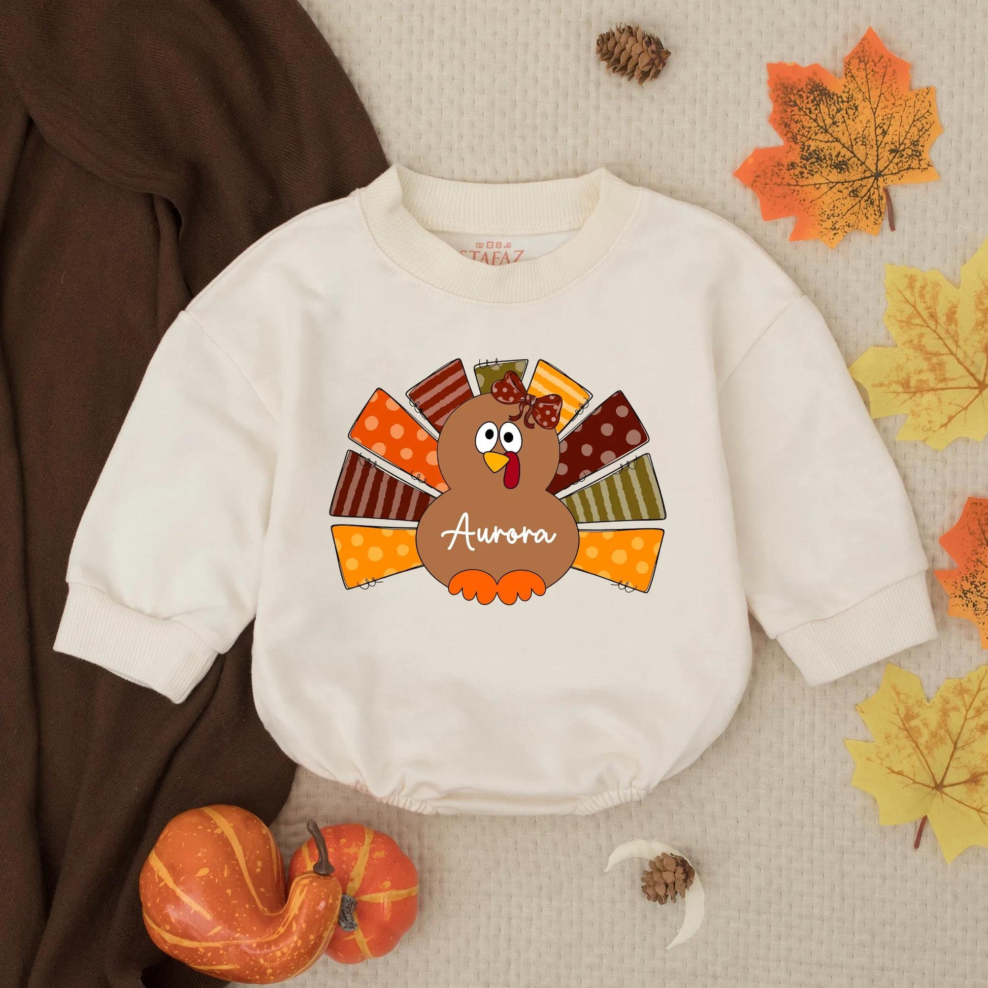 Custom Autumn Turkey Baby Girl Romper with Polka Dot Bow and "Aurora" Name, First Thanksgiving Outfit, Playful Fall Clothes for Toddlers