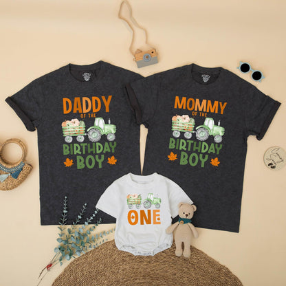 Matching Family Fall Tractor 1st Birthday Boy Shirt, Pumpkin Patch Outfit, Daddy Mommy Brother ONE, Green Wagon Maple Leaf Design