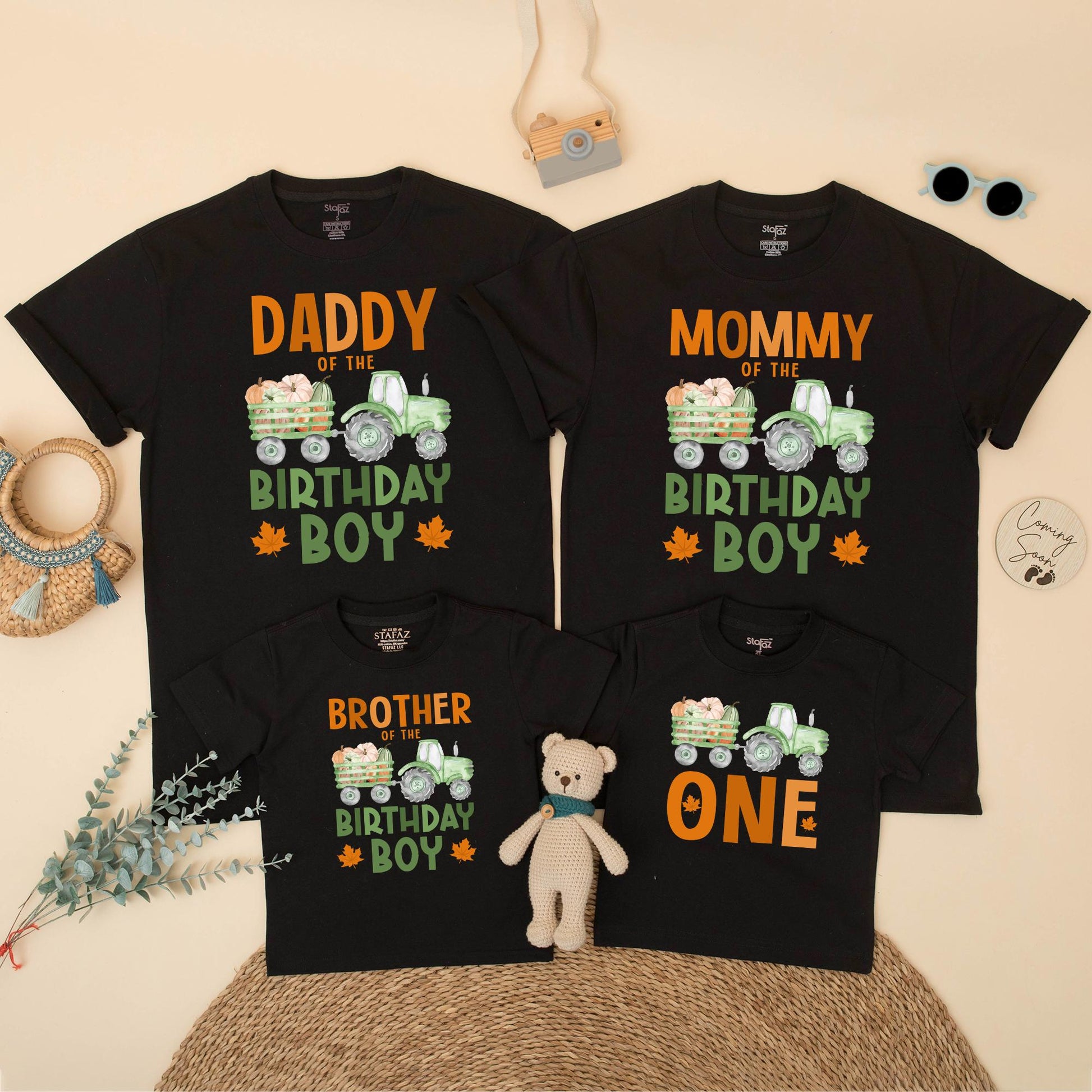 Matching Family Fall Tractor 1st Birthday Boy Shirt, Pumpkin Patch Outfit, Daddy Mommy Brother ONE, Green Wagon Maple Leaf Design