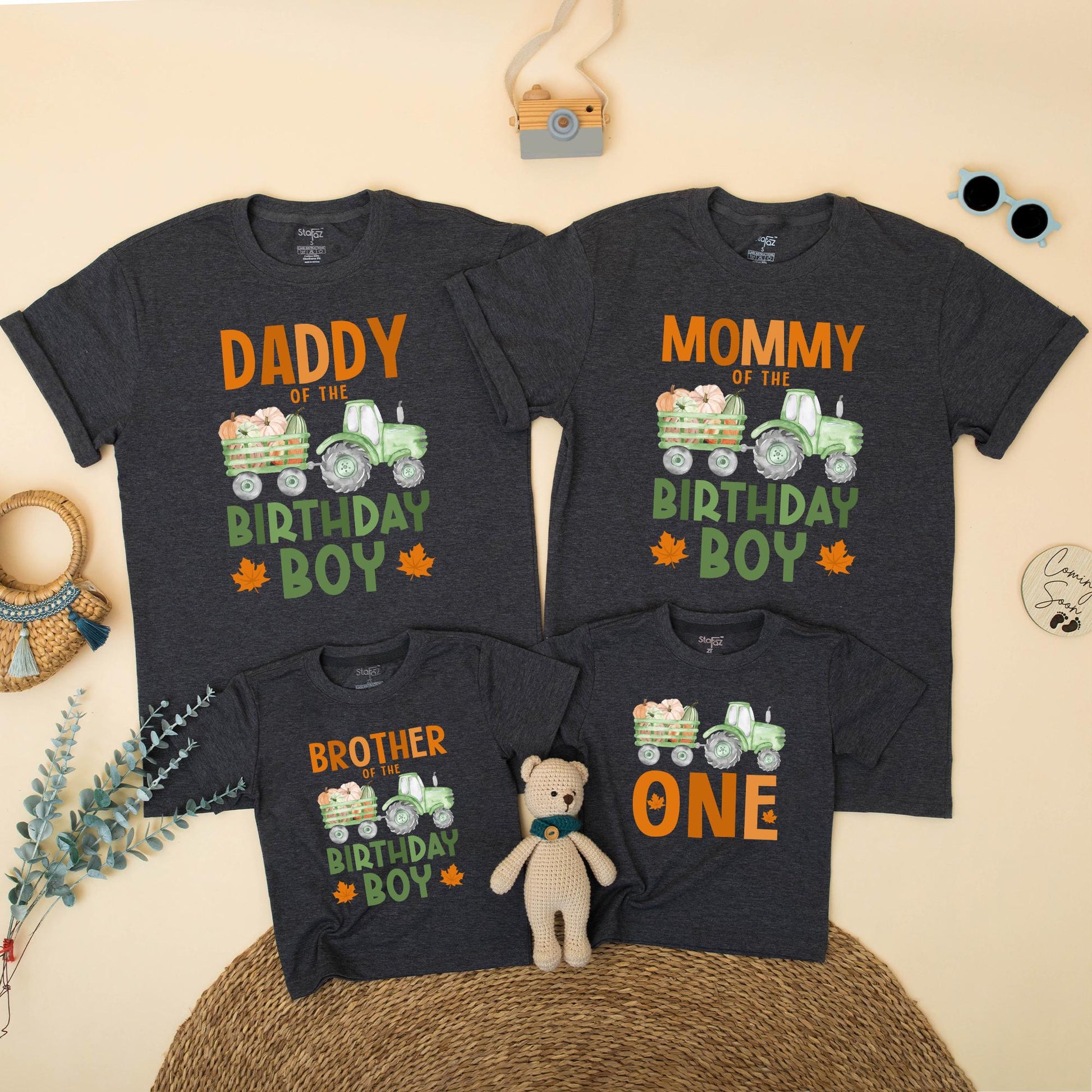 Matching Family Fall Tractor 1st Birthday Boy Shirt, Pumpkin Patch Outfit, Daddy Mommy Brother ONE, Green Wagon Maple Leaf Design