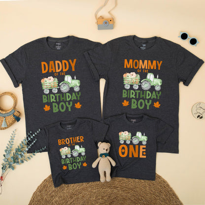 Matching Family Fall Tractor 1st Birthday Boy Shirt, Pumpkin Patch Outfit, Daddy Mommy Brother ONE, Green Wagon Maple Leaf Design
