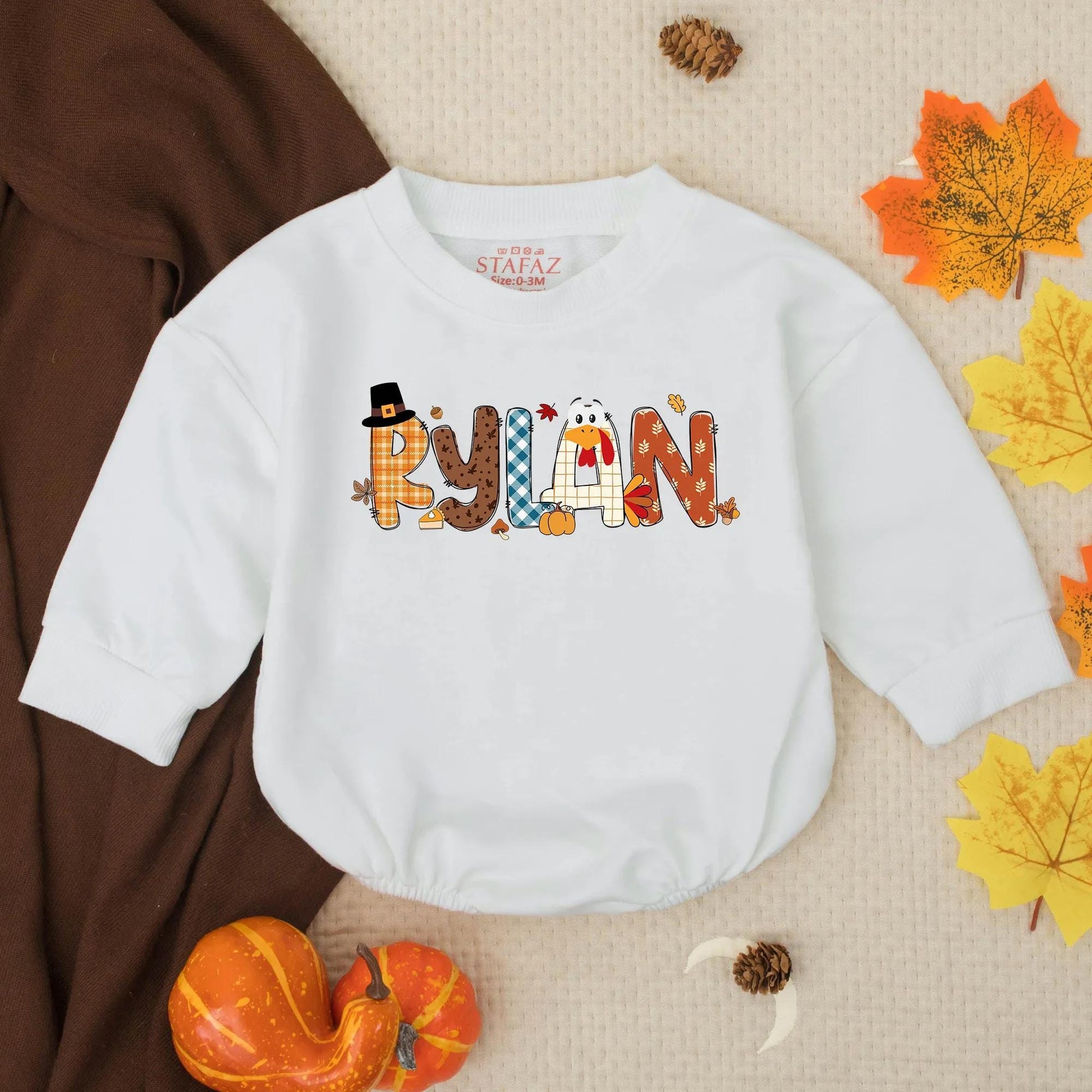 Custom Rylan Turkey Boy Romper Thanksgiving Baby Outfit Fall Toddler Clothes Personalized Name Autumn Colors Baby Shower Gift