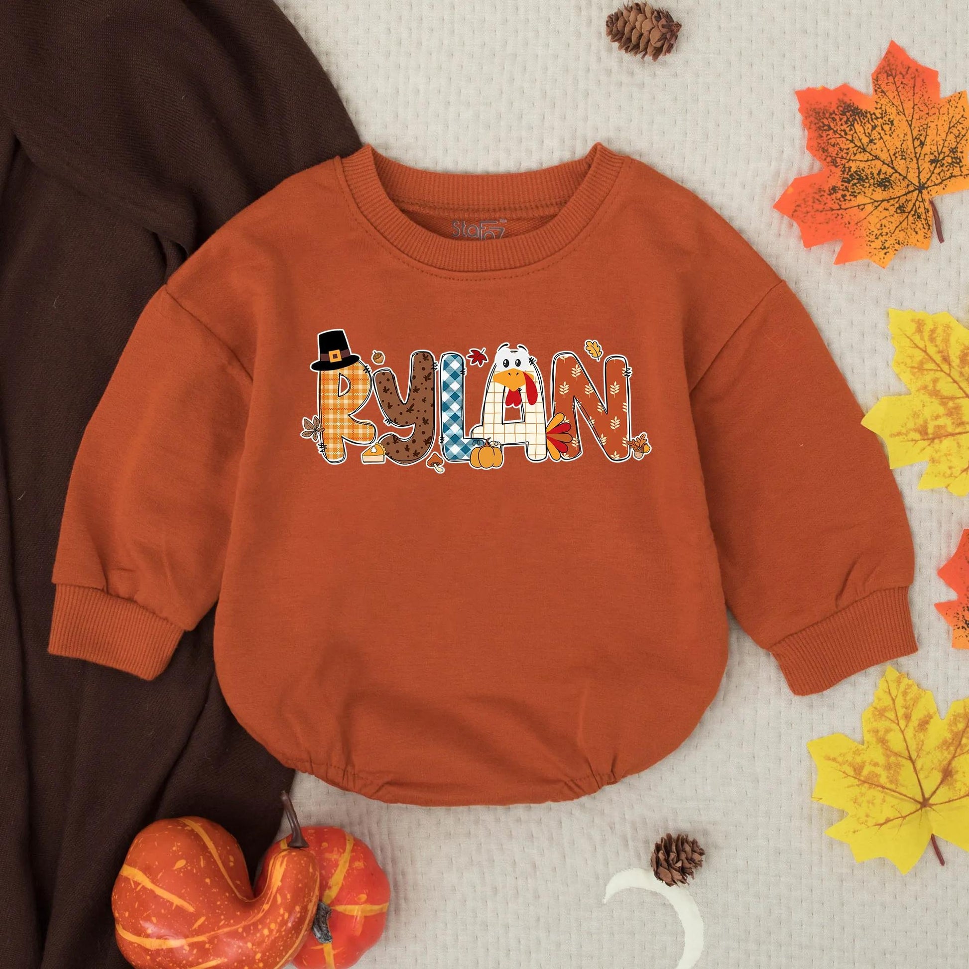 Custom Rylan Turkey Boy Romper Thanksgiving Baby Outfit Fall Toddler Clothes Personalized Name Autumn Colors Baby Shower Gift