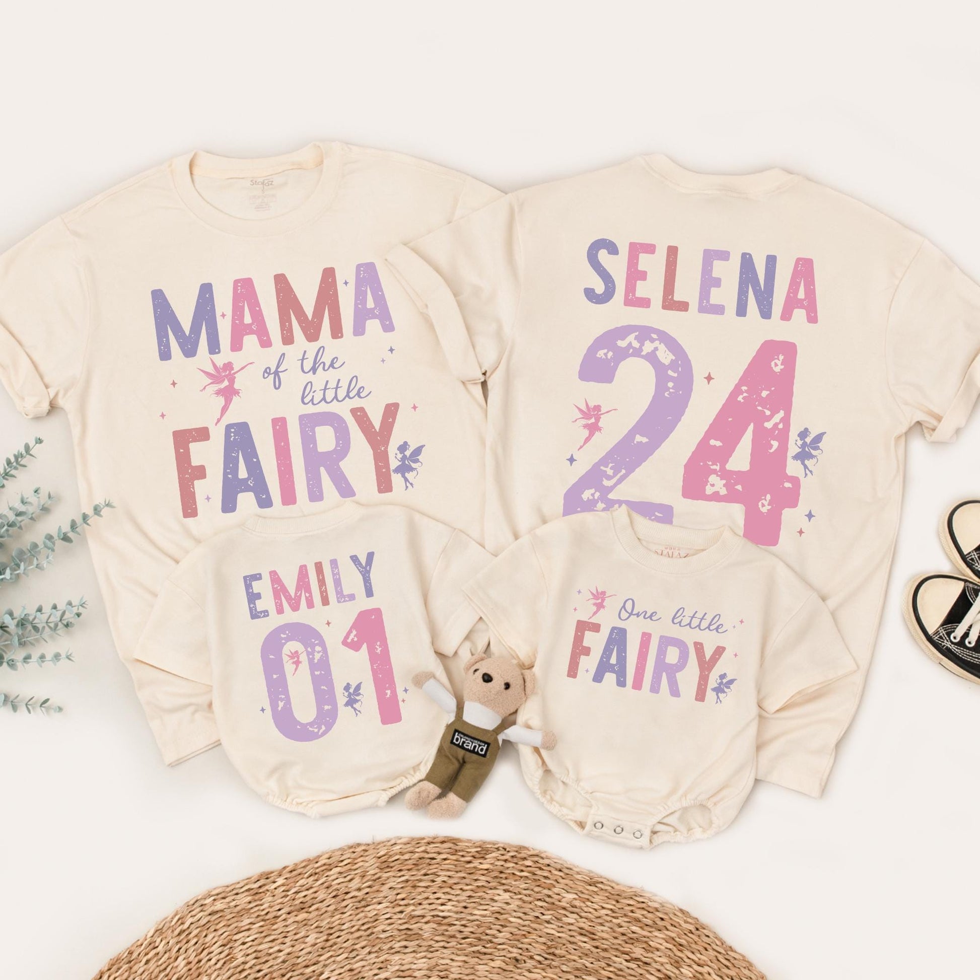 Fairy First Birthday Matching Family Shirts Rose Lavender Little Fairy Tee Girls 1st Birthday Outfit Custom Name Number Whimsical Vintage Style Party (138 chars)