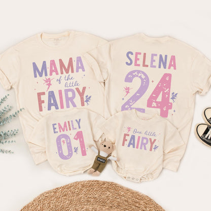 Fairy First Birthday Matching Family Shirts Rose Lavender Little Fairy Tee Girls 1st Birthday Outfit Custom Name Number Whimsical Vintage Style Party (138 chars)