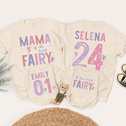 Fairy First Birthday Matching Family Shirts Rose Lavender Little Fairy Tee Girls 1st Birthday Outfit Custom Name Number Whimsical Vintage Style Party (138 chars)