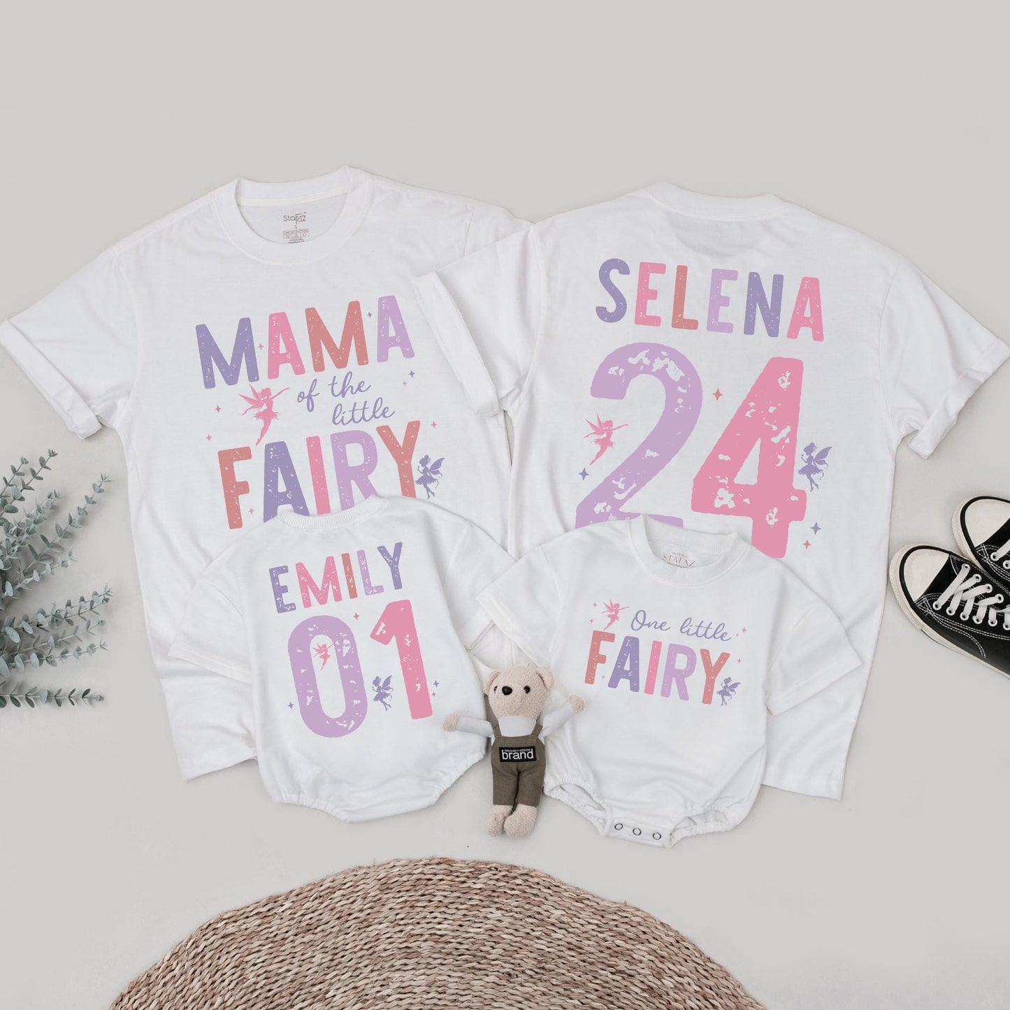 Fairy First Birthday Matching Family Shirts Rose Lavender Little Fairy Tee Girls 1st Birthday Outfit Custom Name Number Whimsical Vintage Style Party (138 chars)