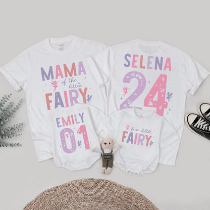 Fairy First Birthday Matching Family Shirts Rose Lavender Little Fairy Tee Girls 1st Birthday Outfit Custom Name Number Whimsical Vintage Style Party (138 chars)