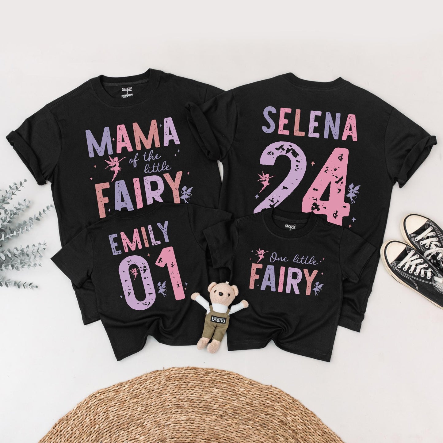 Fairy First Birthday Matching Family Shirts Rose Lavender Little Fairy Tee Girls 1st Birthday Outfit Custom Name Number Whimsical Vintage Style Party (138 chars)