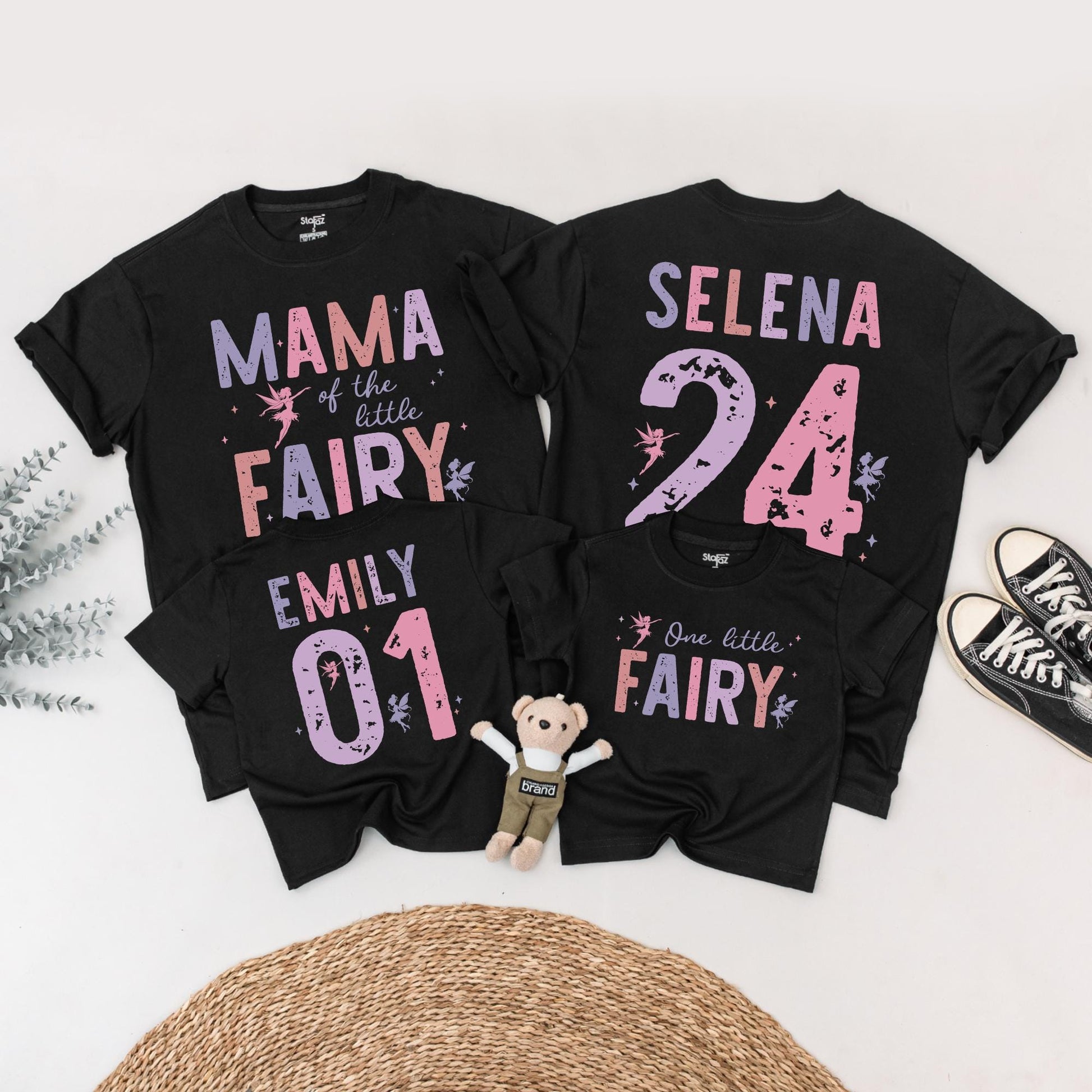 Fairy First Birthday Matching Family Shirts Rose Lavender Little Fairy Tee Girls 1st Birthday Outfit Custom Name Number Whimsical Vintage Style Party (138 chars)