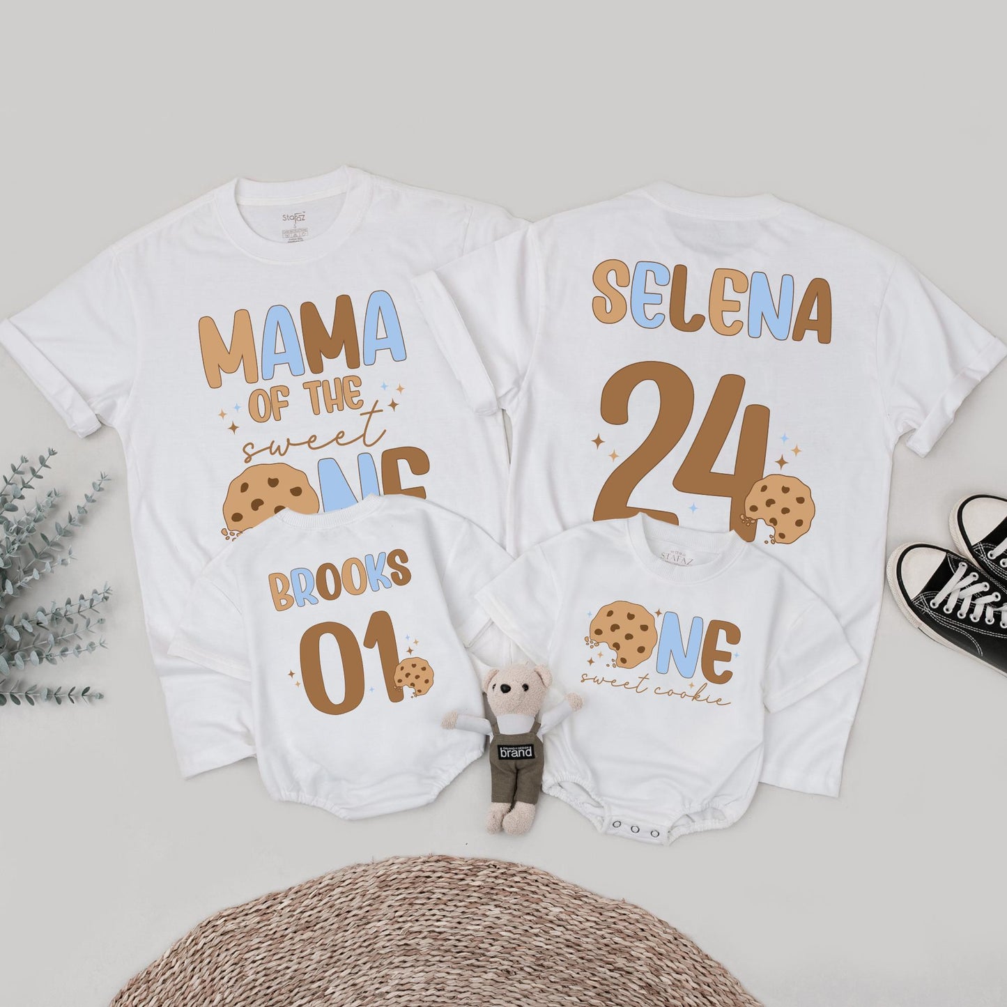Sweet One Boy First Birthday Outfit, Milk and Cookies Tee, Retro Cookie Design Matching Family Birthday Shirts, Playful 1st Bday Top, Brown & Blue Text (139 chars)