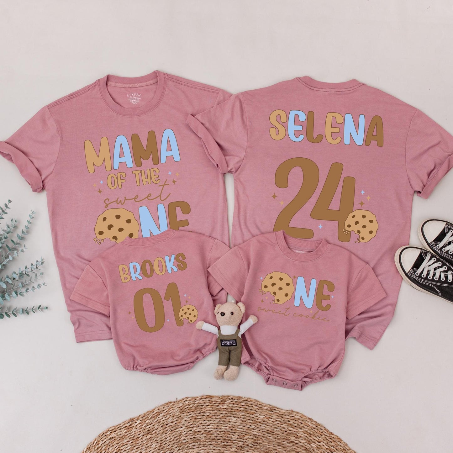 Sweet One Boy First Birthday Outfit, Milk and Cookies Tee, Retro Cookie Design Matching Family Birthday Shirts, Playful 1st Bday Top, Brown & Blue Text (139 chars)