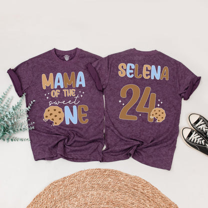 Sweet One Boy First Birthday Outfit, Milk and Cookies Tee, Retro Cookie Design Matching Family Birthday Shirts, Playful 1st Bday Top, Brown & Blue Text (139 chars)