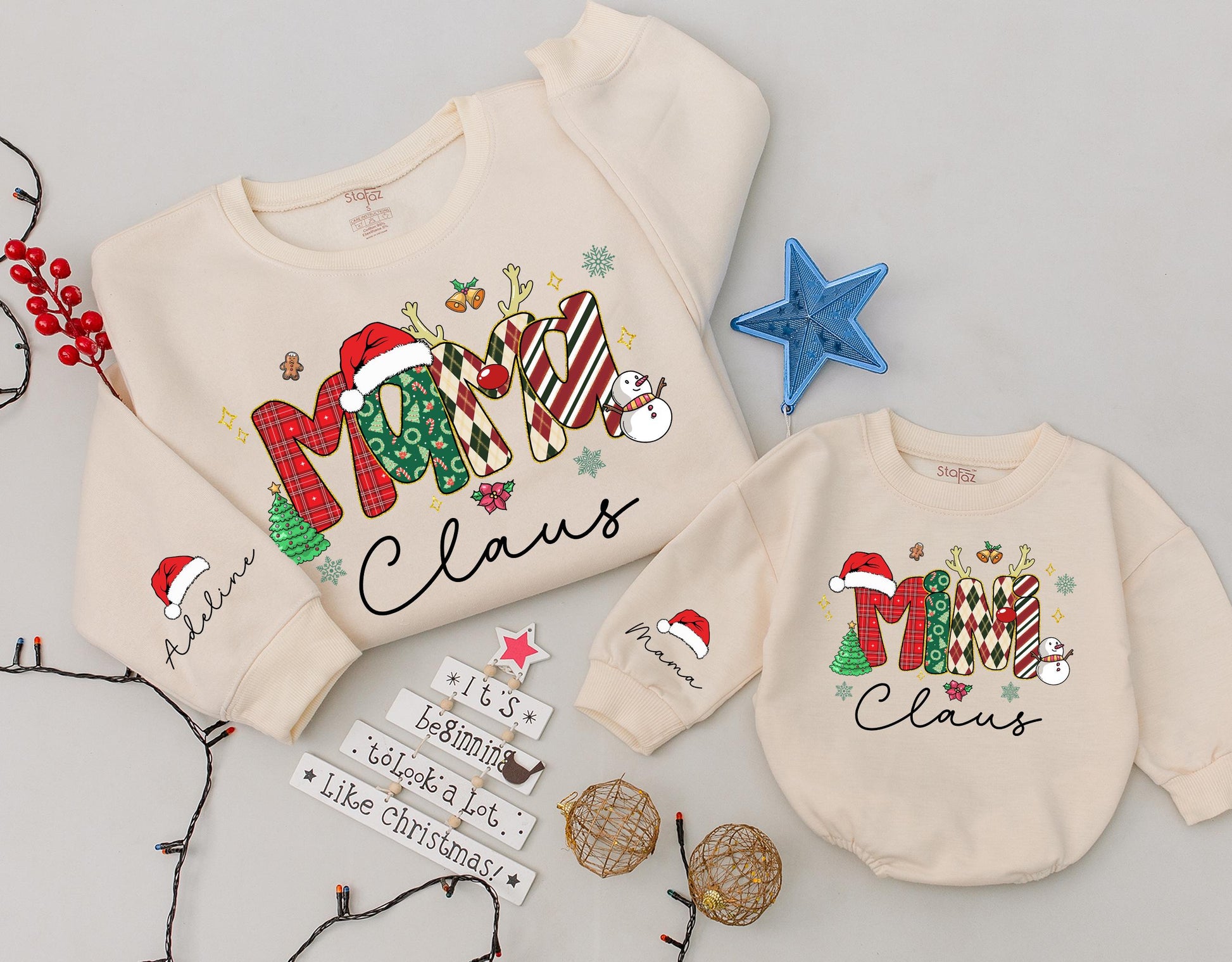 Mama Claus & Mini Claus Matching Christmas Sweatshirts Whimsical Holiday Outfits with Plaid Stripes Ornaments Snowflakes Trees Family Joyful Custom Gift