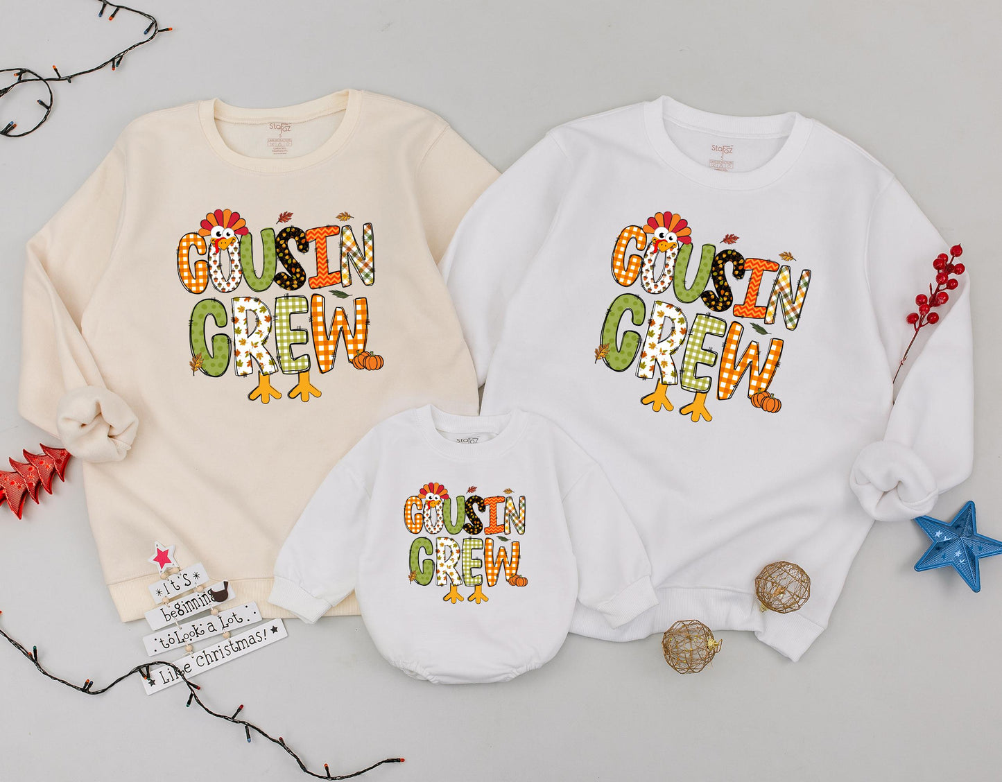 Cousin Crew Thanksgiving Sweatshirt Festive Turkey & Fall Pattern Letters Gingham Acorn Leaf Filled Fun Family Matching Gobble Gobble Outfit