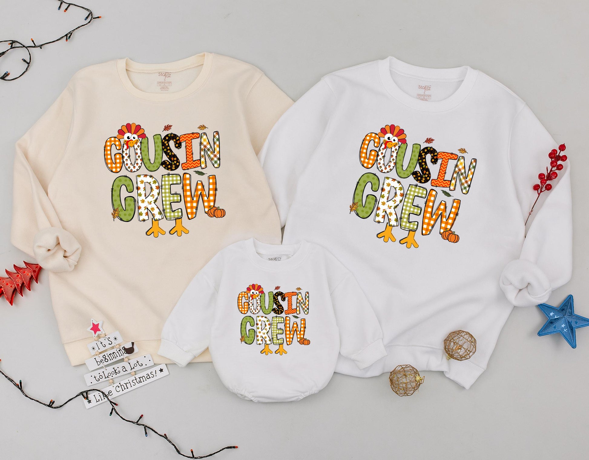Cousin Crew Thanksgiving Sweatshirt Festive Turkey & Fall Pattern Letters Gingham Acorn Leaf Filled Fun Family Matching Gobble Gobble Outfit