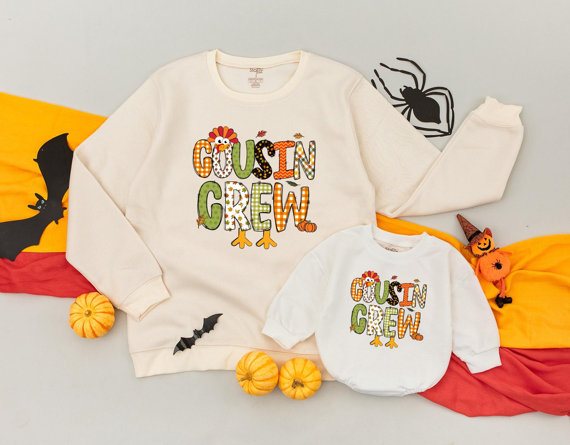 Cousin Crew Thanksgiving Sweatshirt Festive Turkey & Fall Pattern Letters Gingham Acorn Leaf Filled Fun Family Matching Gobble Gobble Outfit