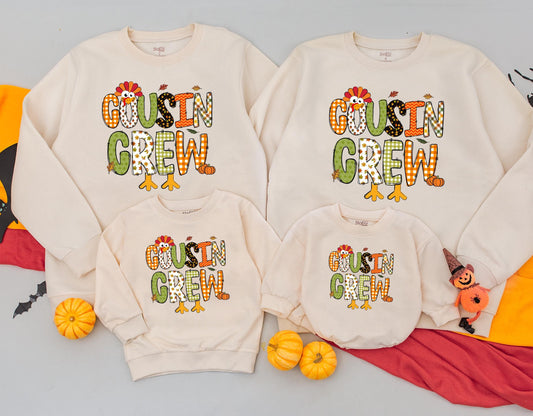 Cousin Crew Thanksgiving Sweatshirt Festive Turkey & Fall Pattern Letters Gingham Acorn Leaf Filled Fun Family Matching Gobble Gobble Outfit