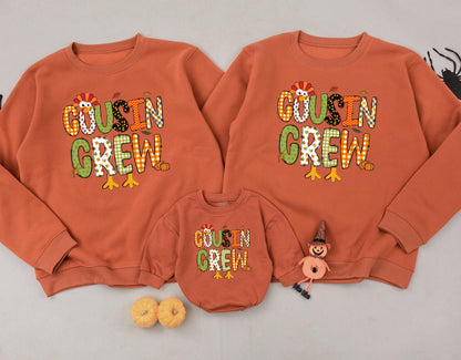 Cousin Crew Thanksgiving Sweatshirt Festive Turkey & Fall Pattern Letters Gingham Acorn Leaf Filled Fun Family Matching Gobble Gobble Outfit