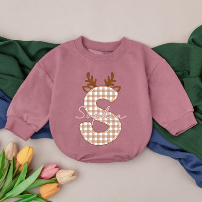Personalized Sophia Reindeer Baby Girl Romper Christmas Outfit, Gingham Initial Xmas Bodysuit, Cute Winter Clothes, Baby Shower Gift, Custom Name Tee 139