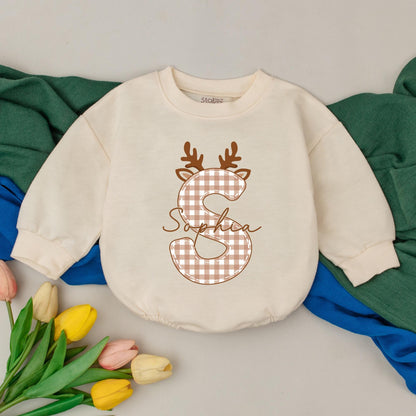 Personalized Sophia Reindeer Baby Girl Romper Christmas Outfit, Gingham Initial Xmas Bodysuit, Cute Winter Clothes, Baby Shower Gift, Custom Name Tee 139