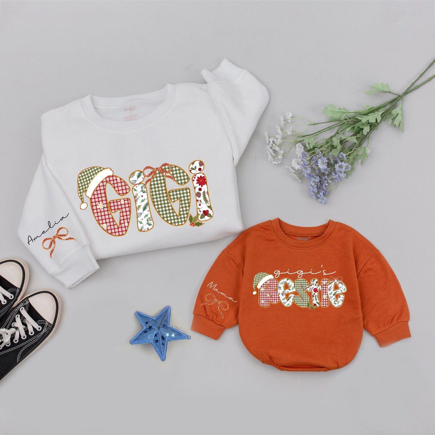 Gigi & Bestie Christmas Sweatshirts: Custom Name Holiday Plaid Lettering, Matching Aunt Niece Outfit, Whimsical Santa Hat Gift, Xmas Grandma Shirt (138)
