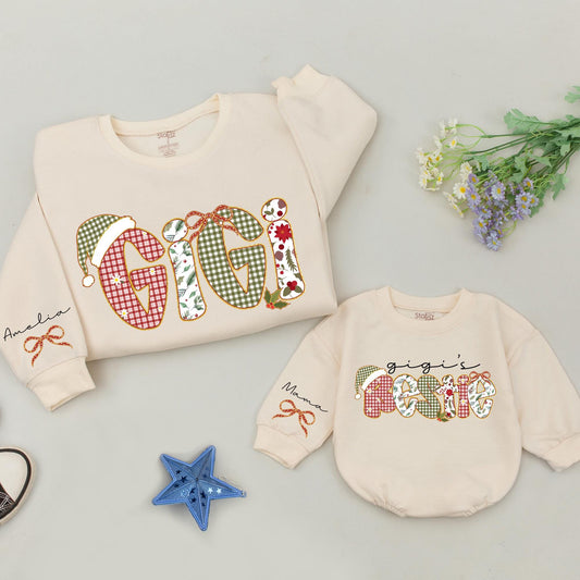 Gigi & Bestie Christmas Sweatshirts: Custom Name Holiday Plaid Lettering, Matching Aunt Niece Outfit, Whimsical Santa Hat Gift, Xmas Grandma Shirt (138)