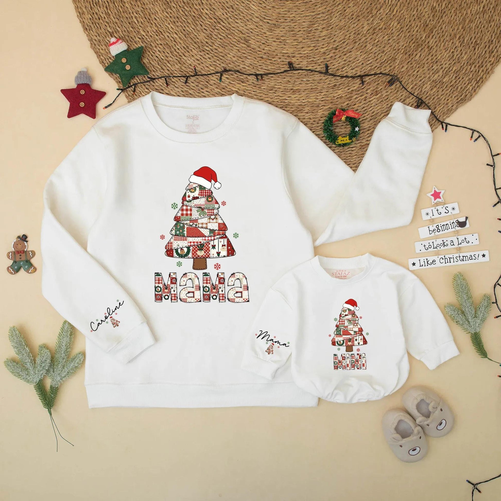 Christmas Tree Patchwork Mama and Mini Sweatshirt Matching Set Holiday Outfit Mommy and Me Gift for New Mom Vintage Preppy Christmas Season Cute