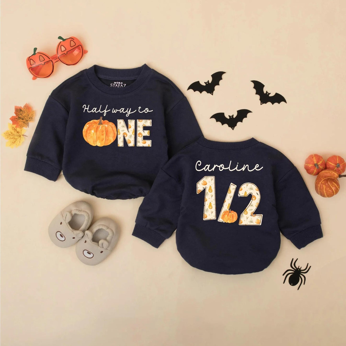 Personalized Half Way to One Pumpkin Baby Romper, Custom Name 1/2 Birthday Outfit, Fall Leaves Bodysuit, Six Month Celebration, Autumn Birthday Gift (139 chars)