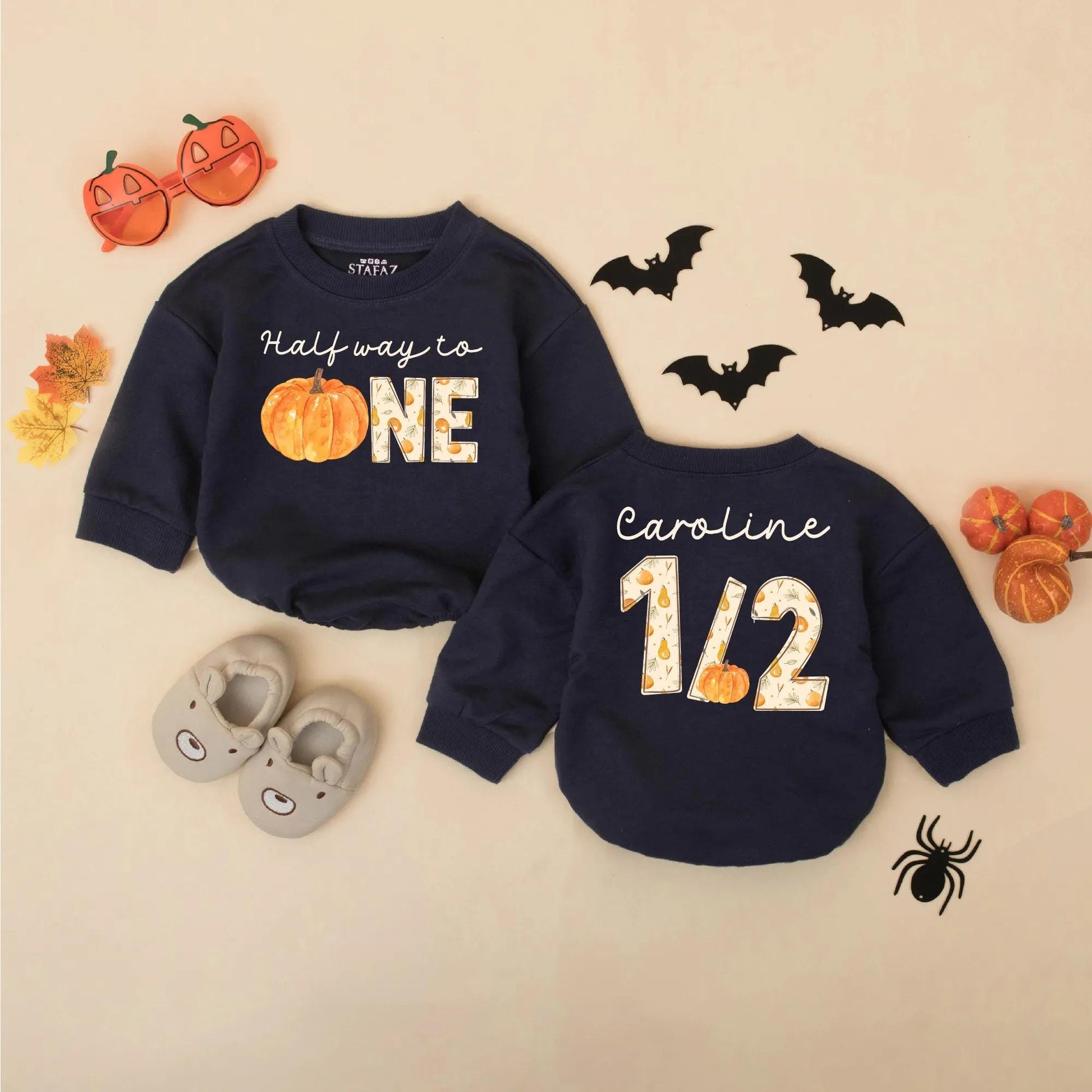 Personalized Half Way to One Pumpkin Baby Romper, Custom Name 1/2 Birthday Outfit, Fall Leaves Bodysuit, Six Month Celebration, Autumn Birthday Gift (139 chars)