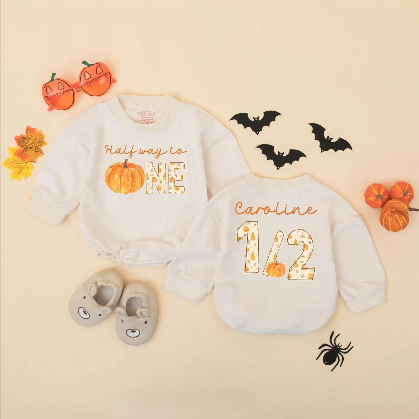 Personalized Half Way to One Pumpkin Baby Romper, Custom Name 1/2 Birthday Outfit, Fall Leaves Bodysuit, Six Month Celebration, Autumn Birthday Gift (139 chars)
