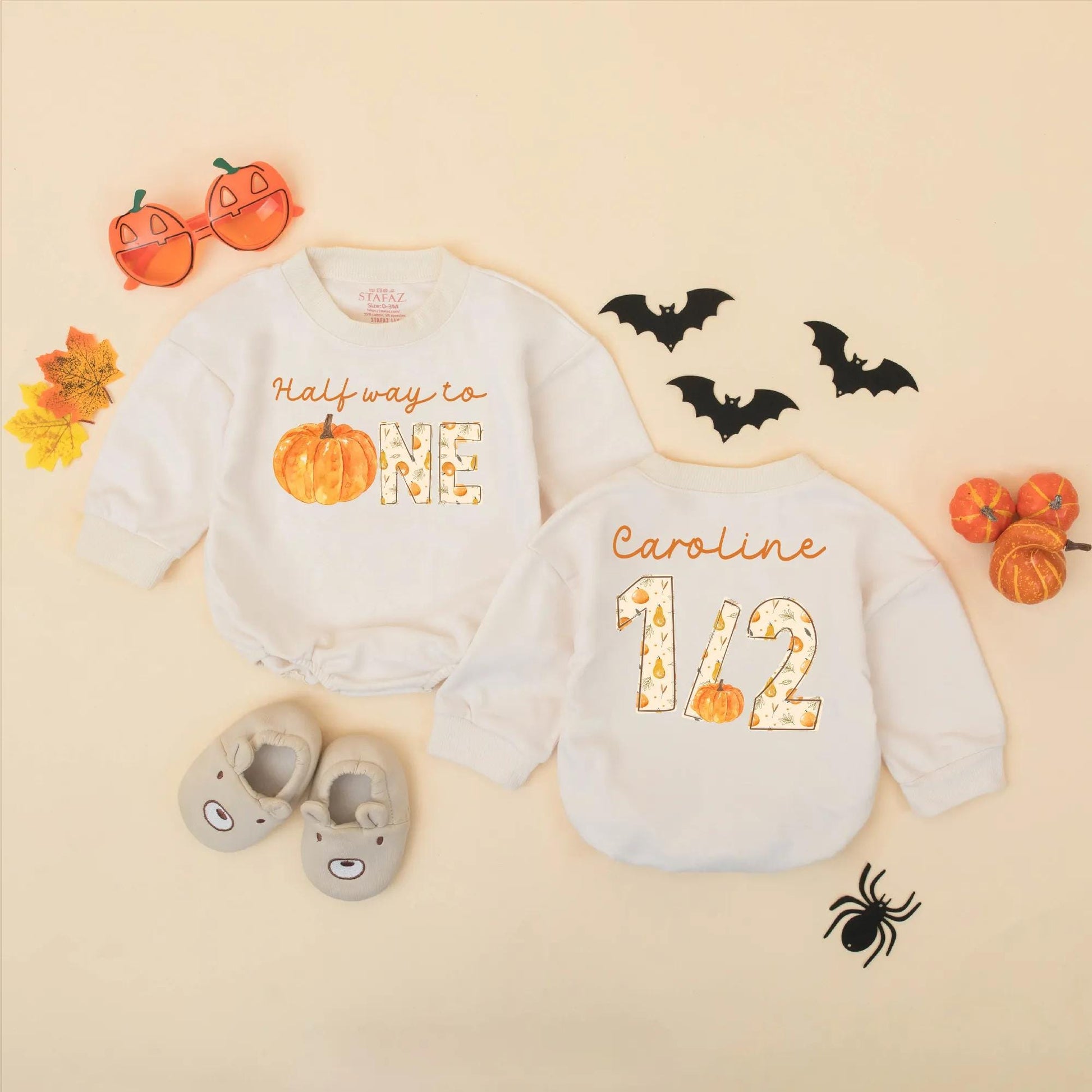 Personalized Half Way to One Pumpkin Baby Romper, Custom Name 1/2 Birthday Outfit, Fall Leaves Bodysuit, Six Month Celebration, Autumn Birthday Gift (139 chars)