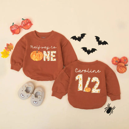 Personalized Half Way to One Pumpkin Baby Romper, Custom Name 1/2 Birthday Outfit, Fall Leaves Bodysuit, Six Month Celebration, Autumn Birthday Gift (139 chars)