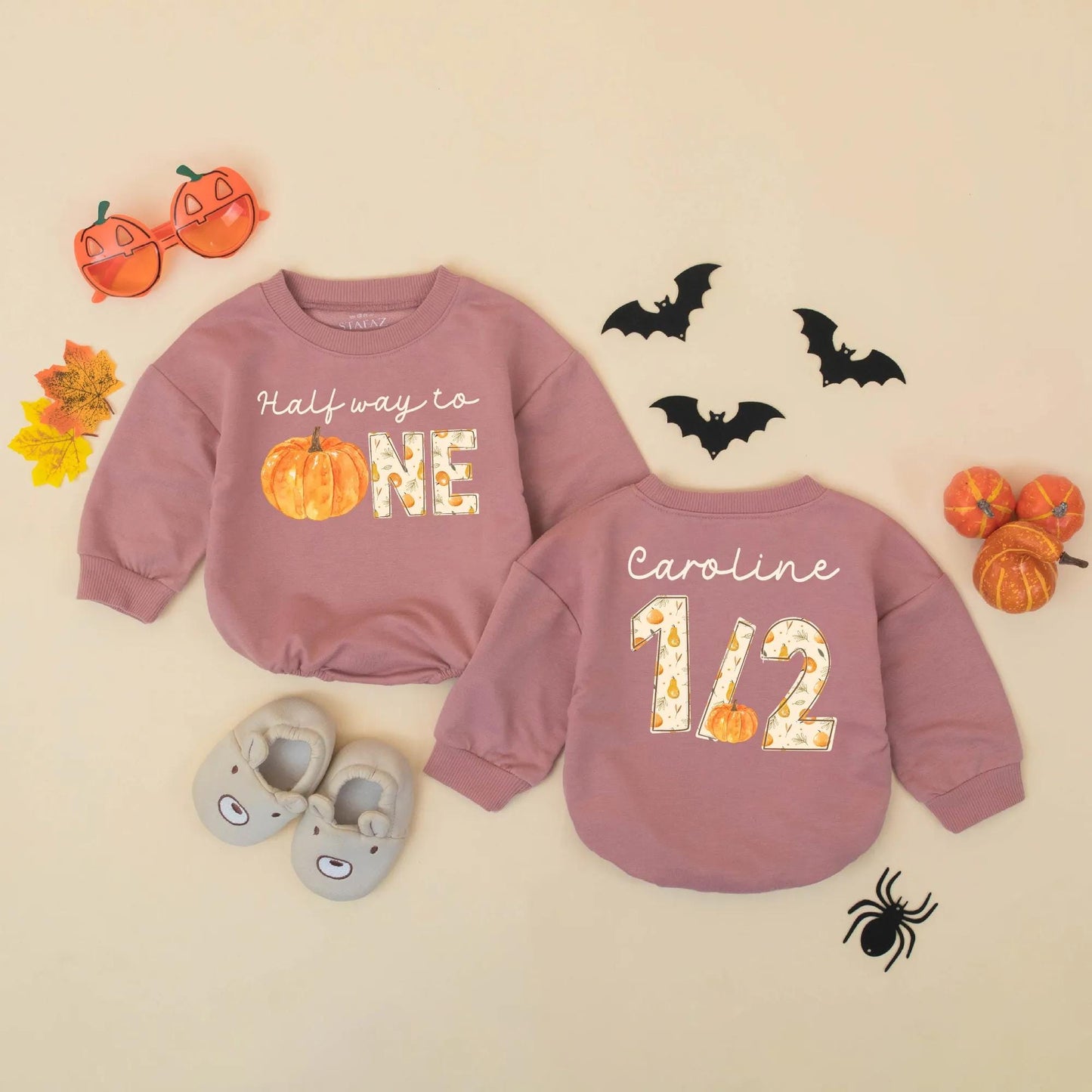 Personalized Half Way to One Pumpkin Baby Romper, Custom Name 1/2 Birthday Outfit, Fall Leaves Bodysuit, Six Month Celebration, Autumn Birthday Gift (139 chars)