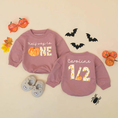 Personalized Half Way to One Pumpkin Baby Romper, Custom Name 1/2 Birthday Outfit, Fall Leaves Bodysuit, Six Month Celebration, Autumn Birthday Gift (139 chars)