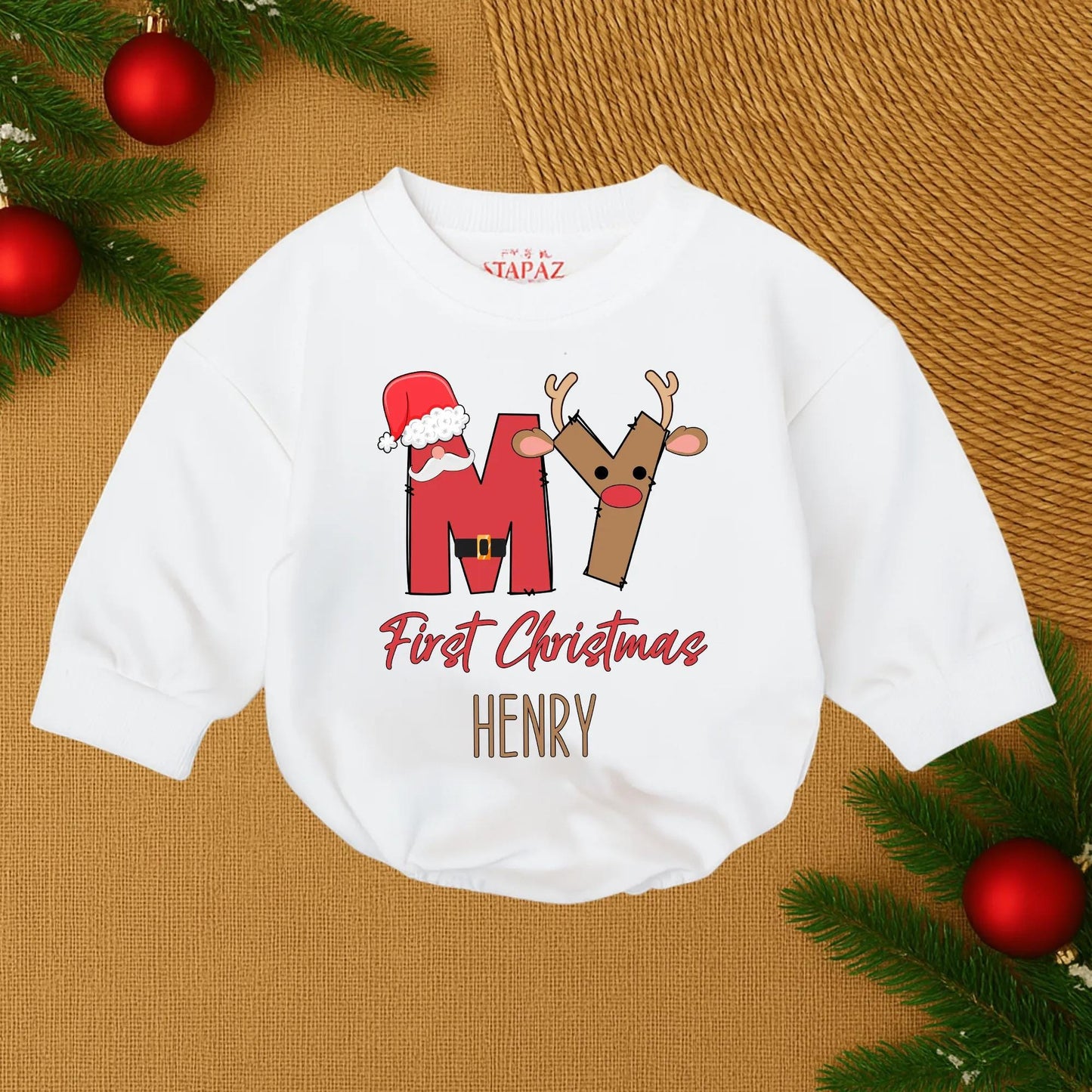 My First Christmas Baby Romper Personalized Santa Reindeer Design Newborn Christmas Outfit Red Brown Gold Festive Playful