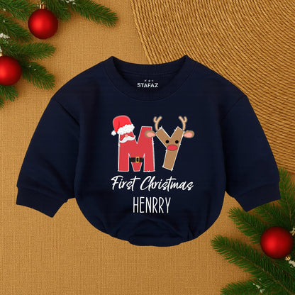 My First Christmas Baby Romper Personalized Santa Reindeer Design Newborn Christmas Outfit Red Brown Gold Festive Playful