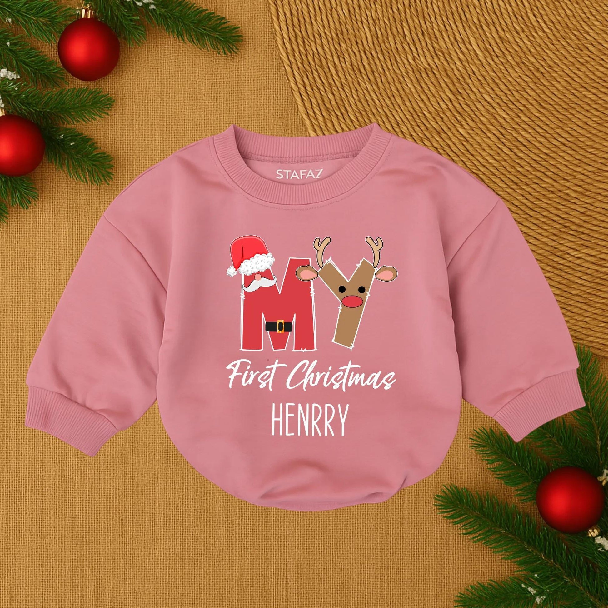 My First Christmas Baby Romper Personalized Santa Reindeer Design Newborn Christmas Outfit Red Brown Gold Festive Playful