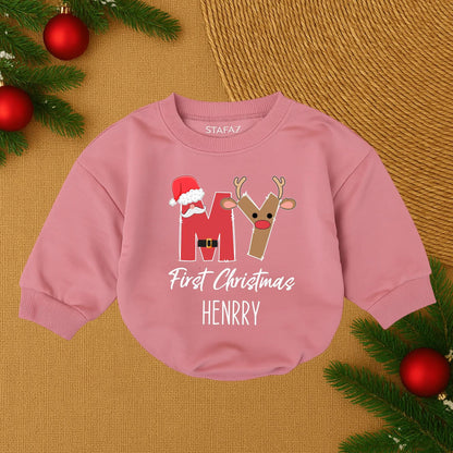 My First Christmas Baby Romper Personalized Santa Reindeer Design Newborn Christmas Outfit Red Brown Gold Festive Playful